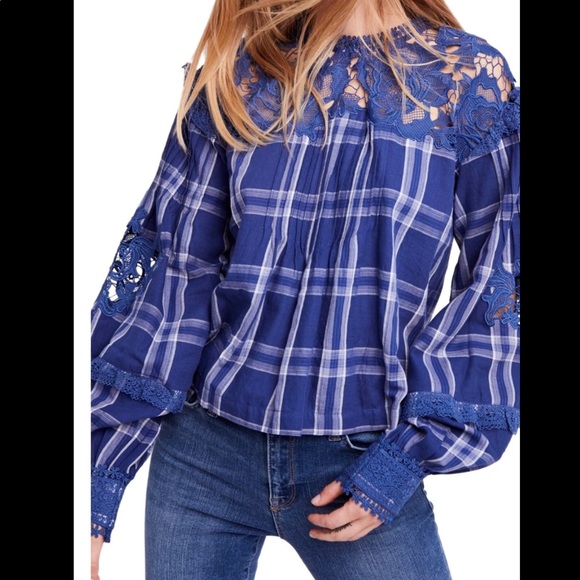 Free People Navy Plaid Top - Picture 3 of 8